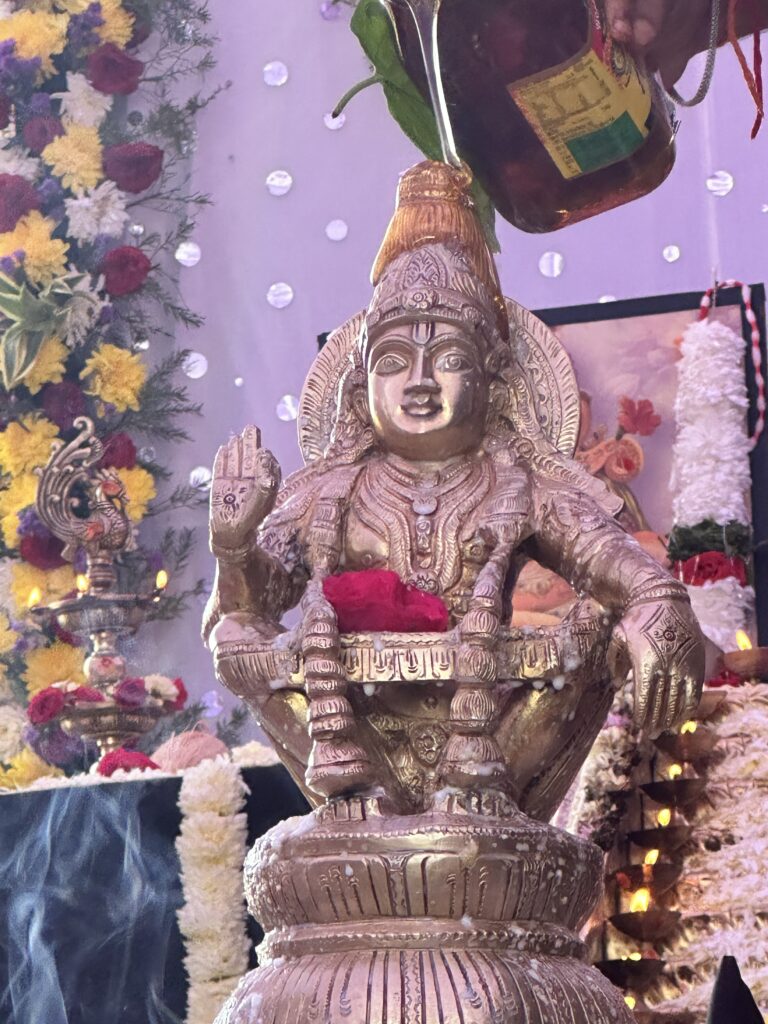 A photo of Ayyappa devotees wearing mala (Tulsi or Rudraksha beads), dressed in black or blue, carrying Irumudi kettu, or a symbolic image of Lord Ayyappa with Sabarimala temple background.